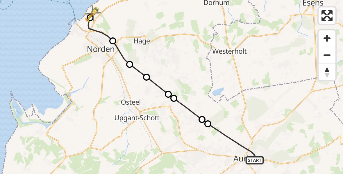 Flugroute Ambulanzhubschrauber Aurich - Norden-Norddeich Flughafen, 25 Juni 2026, 18:15