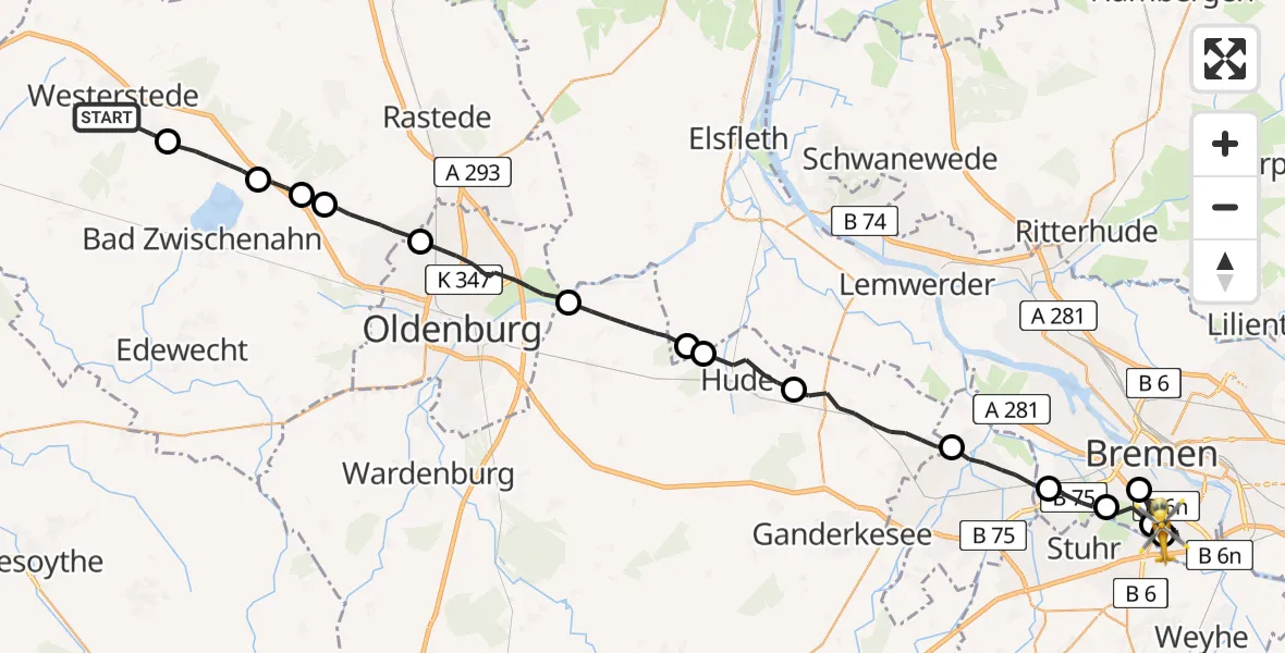 Flugroute Rettungshubschrauber Westerstede - ADAC Air Rescue Station Bremen Hubschrauberlandeplatz (Christoph 6), 25 Juni 2026, 18:16