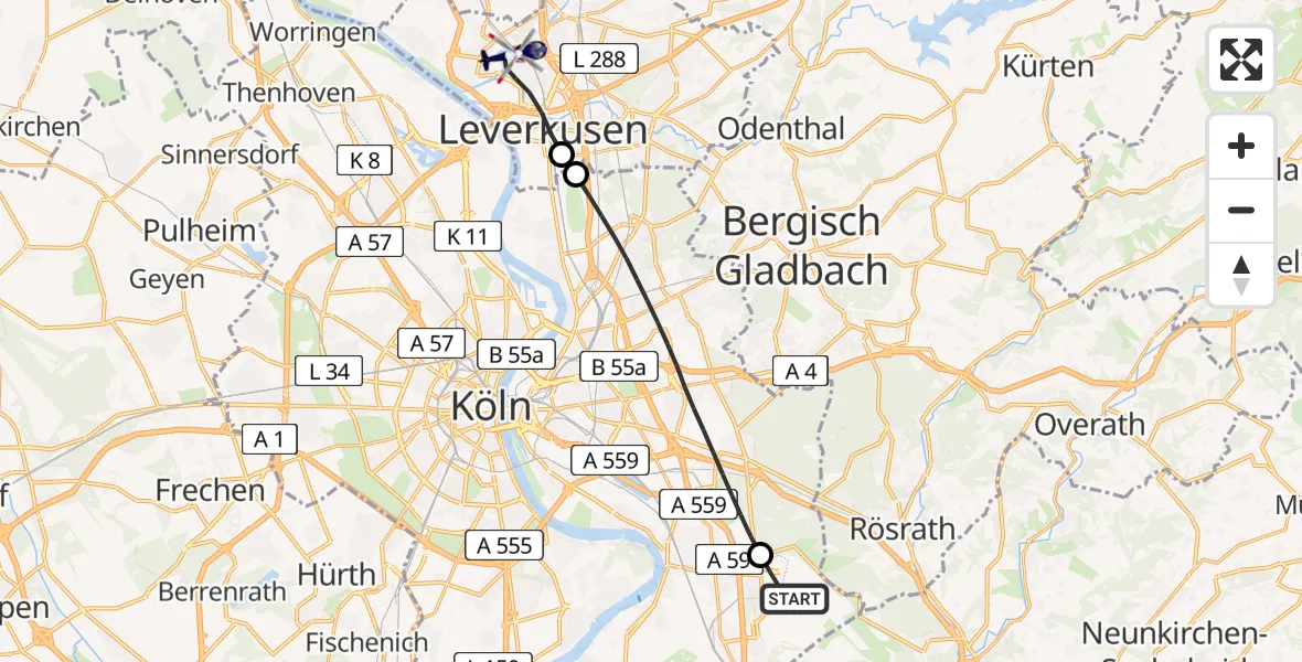 Flugroute Polizeihubschrauber Köln Bonn Flughafen - Leverkusen, 25 Juni 2026, 18:20