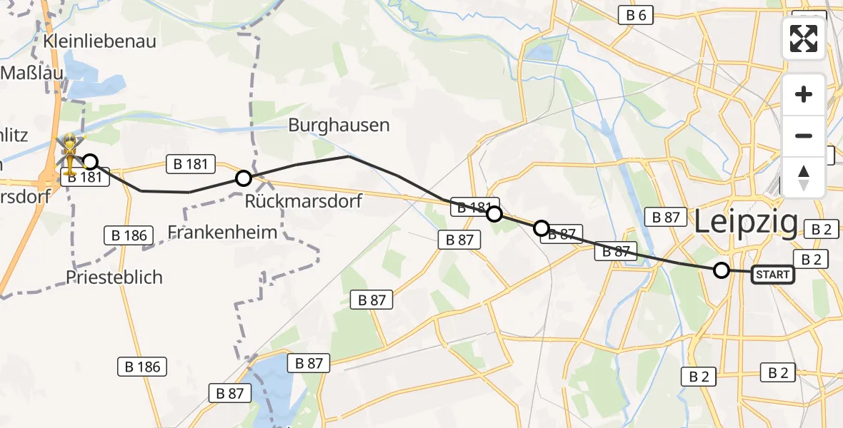 Flugroute Rettungshubschrauber Leipzig University Hospital Heliport 1 - ADAC Air Rescue Station Leipzig/Schkeuditz-Dölzig Hubschrauberlandeplatz (Christoph 61), 25 Juni 2026, 18:23