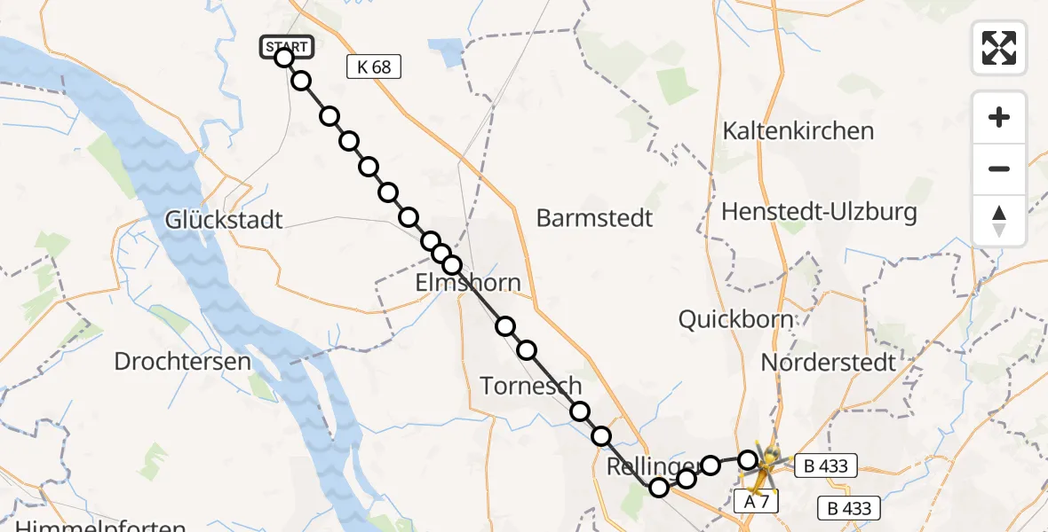 Flugroute Ambulanzhubschrauber Kremperheide - Hamburg, 25 Juni 2026, 18:29