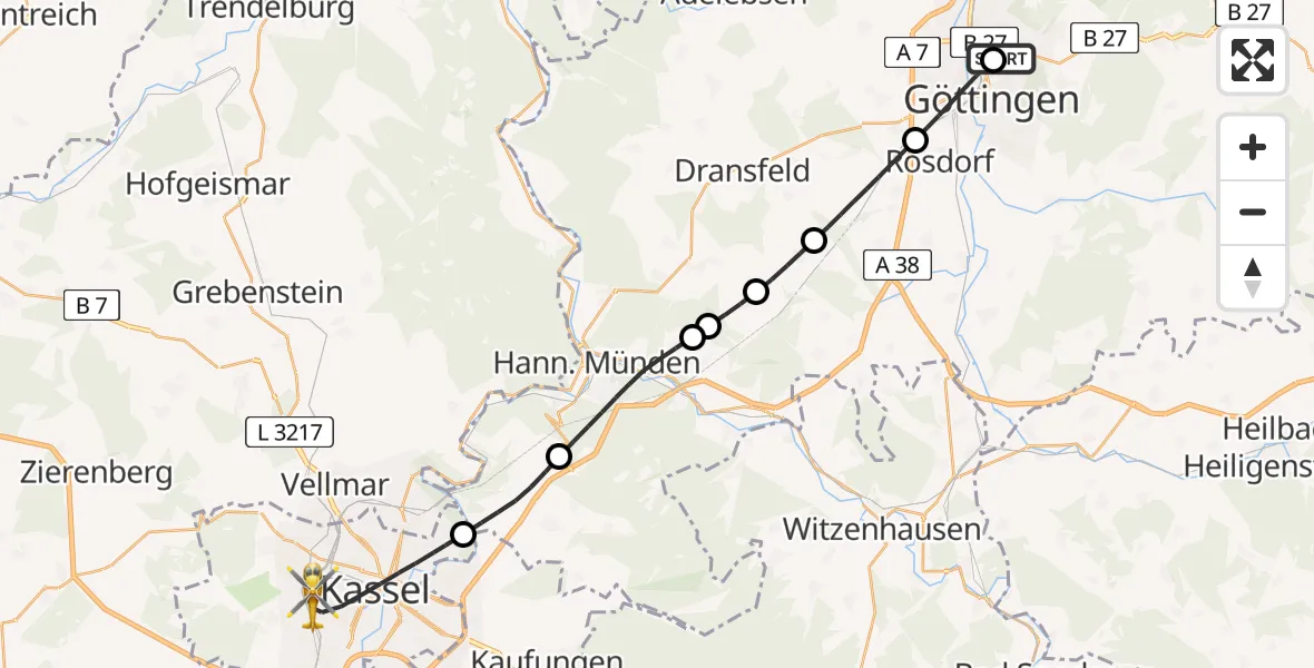Flugroute Rettungshubschrauber Göttingen University Clinic Hubschrauberlandeplatz - Kassel, 25 Juni 2026, 18:38