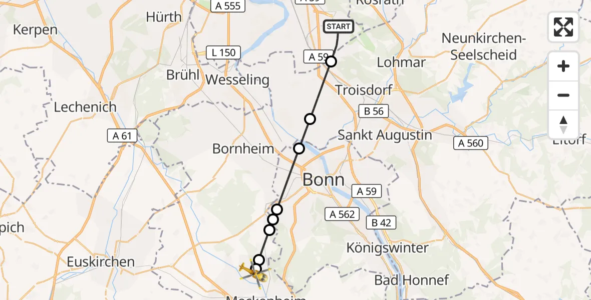 Flugroute Rettungshubschrauber Köln Bonn Flughafen - Meckenheim, 25 Juni 2026, 18:40
