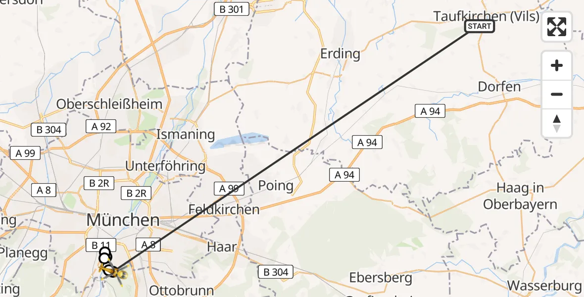 Flugroute Rettungshubschrauber Taufkirchen (Vils) - ADAC Air Rescue Center Hubschrauberlandeplatz (Christoph 1), 25 Juni 2026, 18:40