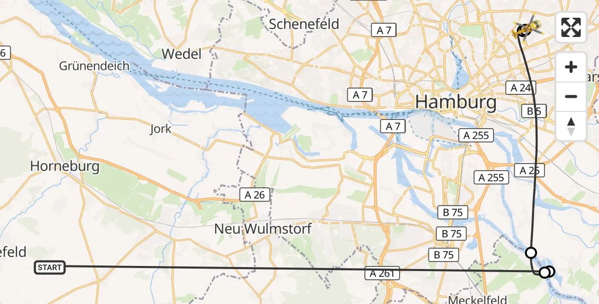 Flugroute Rettungshubschrauber Harsefeld - Hamburg Military Hospital, 25 Juni 2026, 18:42