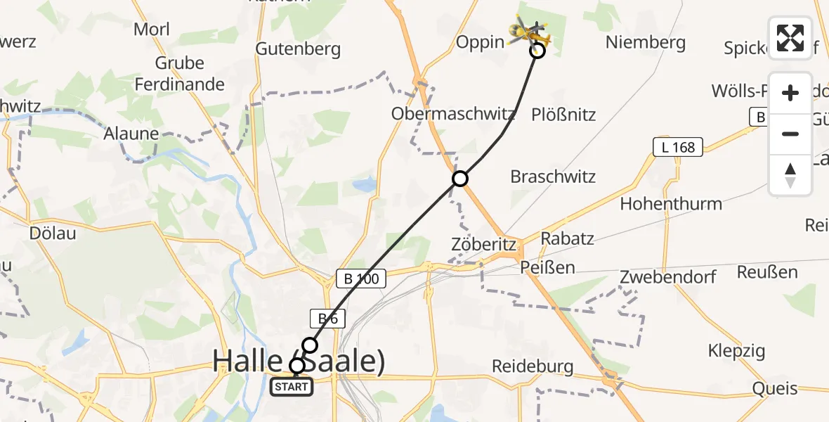 Flugroute Rettungshubschrauber Sankt Elisabeth and Sankt Barbara Hospital Halle (Saale) - Halle-Oppin Flugplatz, 25 Juni 2026, 18:47