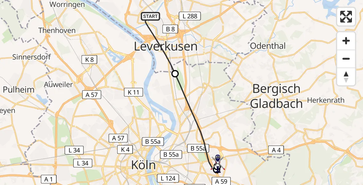 Flugroute Polizeihubschrauber Leverkusen - Merheim Hospital, 25 Juni 2026, 18:53