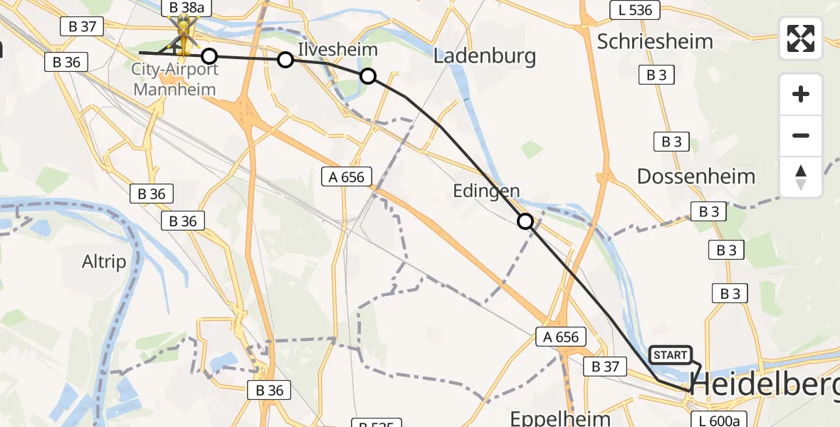 Flugroute Rettungshubschrauber Heidelberg - Mannheim-City Flughafen, 25 Juni 2026, 18:55