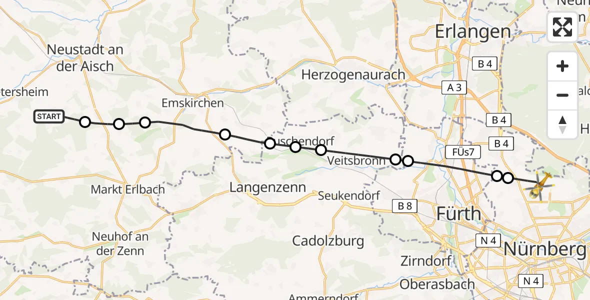 Flugroute Rettungshubschrauber Dietersheim - Flughafen Nuremberg, 25 Juni 2026, 18:57