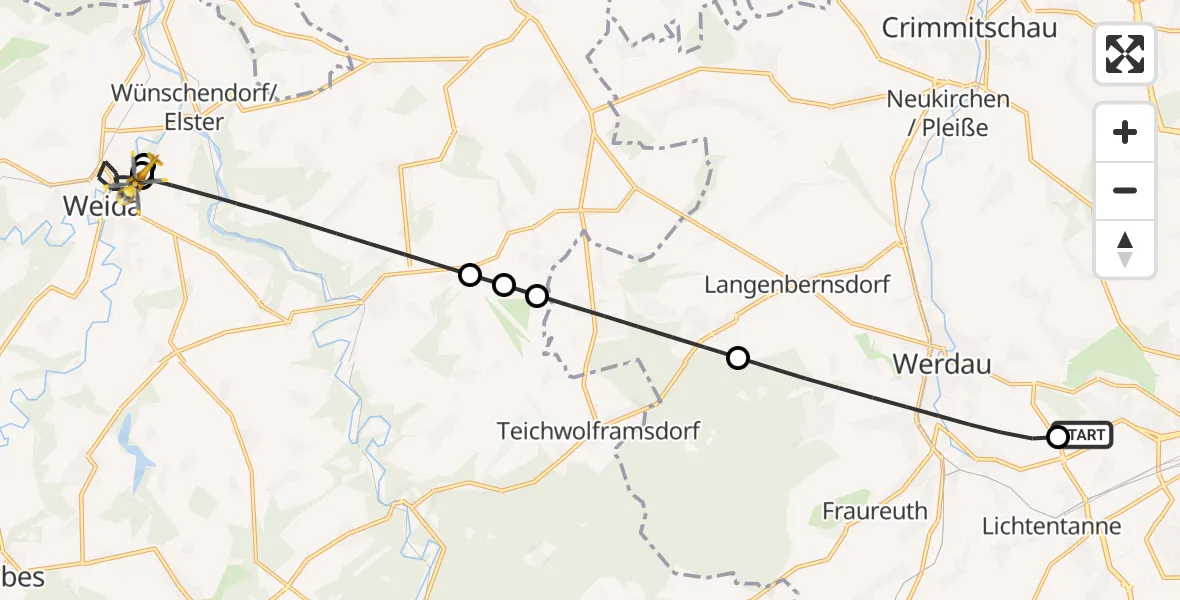 Flugroute Rettungshubschrauber ADAC Air Rescue Station Zwickau Hubschrauberlandeplatz - Weida, 25 Juni 2026, 18:58