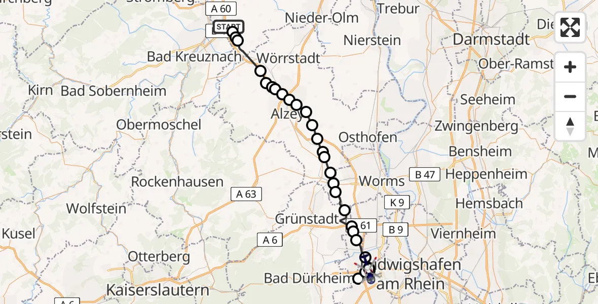 Flugroute Polizeihubschrauber Horrweiler - Autobahnpolizei Ruchheim Hubschrauberlandeplatz, 25 Juni 2026, 19:00