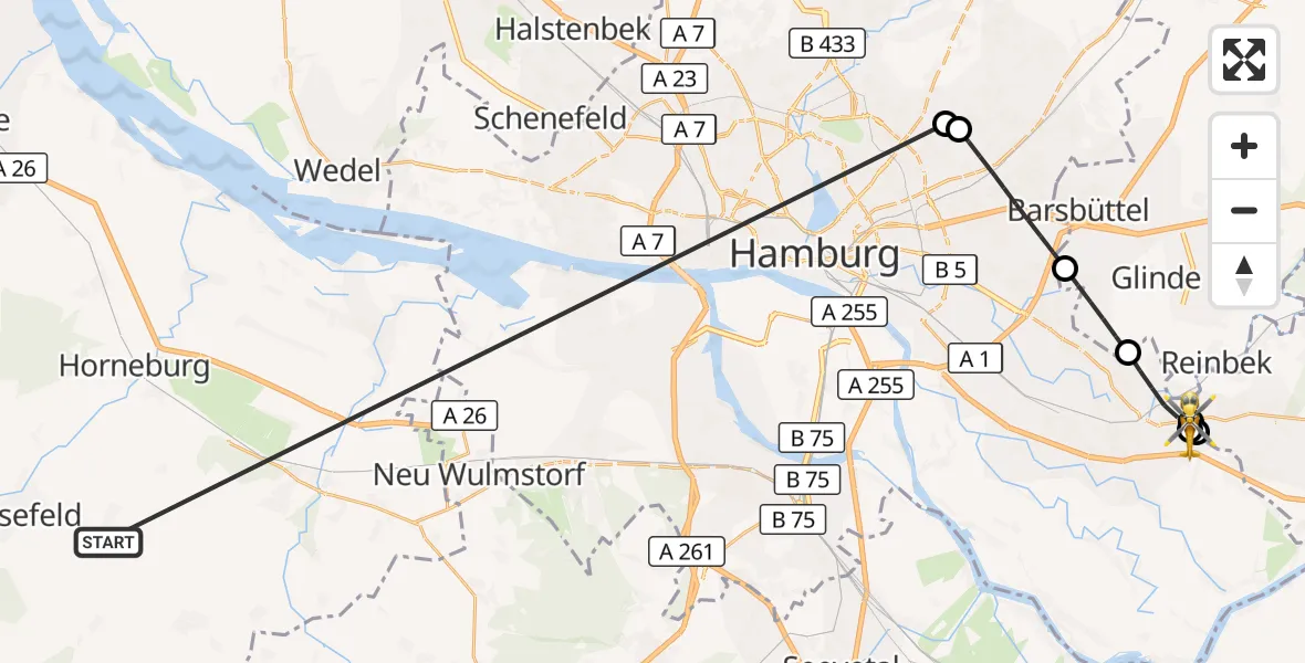 Flugroute Rettungshubschrauber Harsefeld - Bethesda Hospital, 25 Juni 2026, 19:05