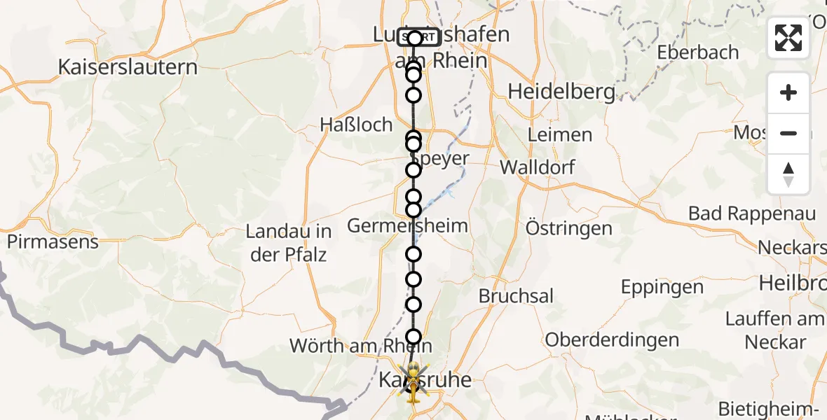 Flugroute Ambulanzhubschrauber Ludwigshafen Accident Hospital - Sankt Vincentius Hospital, 25 Juni 2026, 19:06
