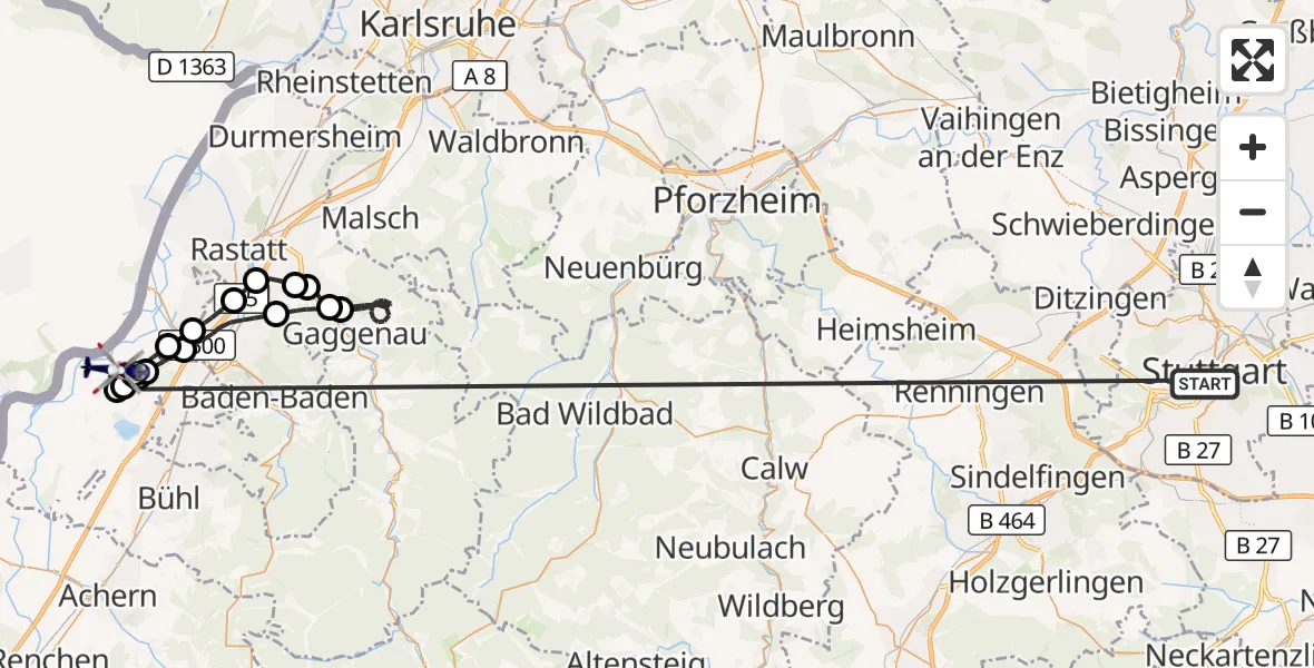 Flugroute Polizeihubschrauber Stuttgart - Karlsruhe Baden-Baden Flughafen, 25 Juni 2026, 19:16