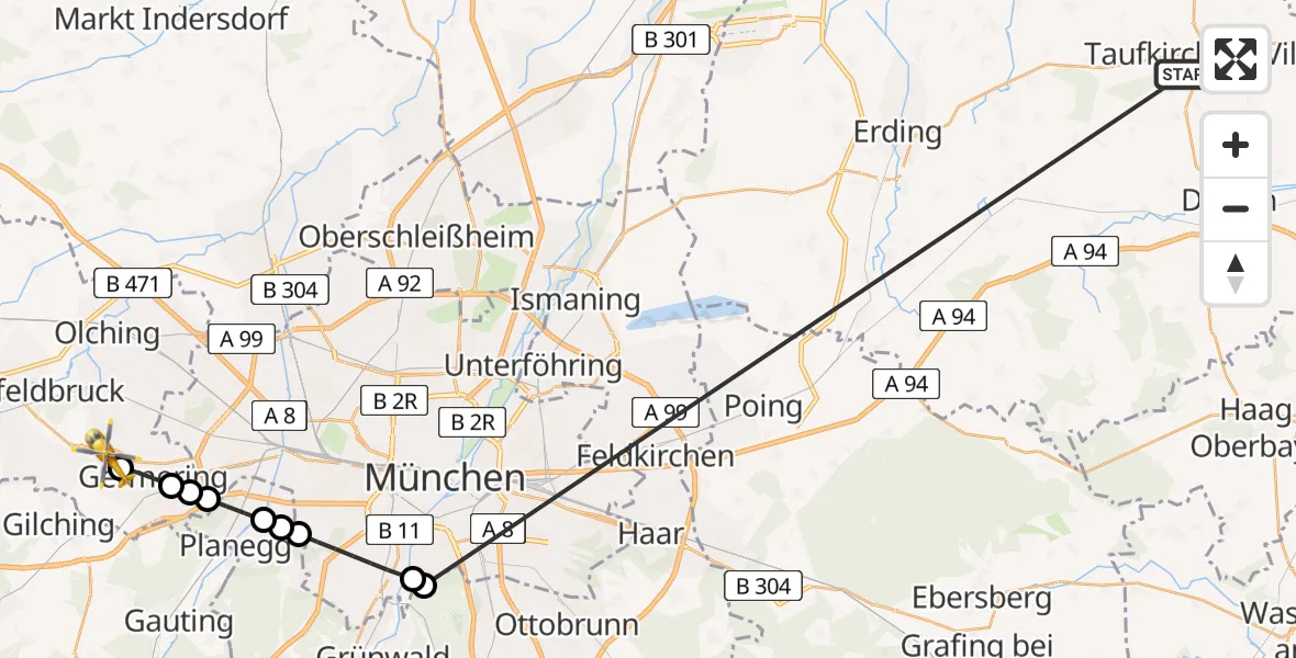 Flugroute Rettungshubschrauber Taufkirchen (Vils) - Puchheim, 25 Juni 2026, 19:17