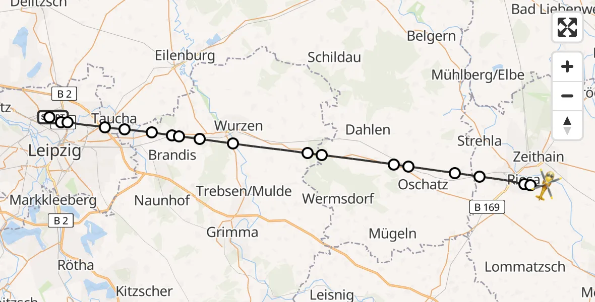 Flugroute Rettungshubschrauber Sankt Georg Hospital Leipzig Reserve - Riesa-Göhlis Flughafen, 25 Juni 2026, 19:21
