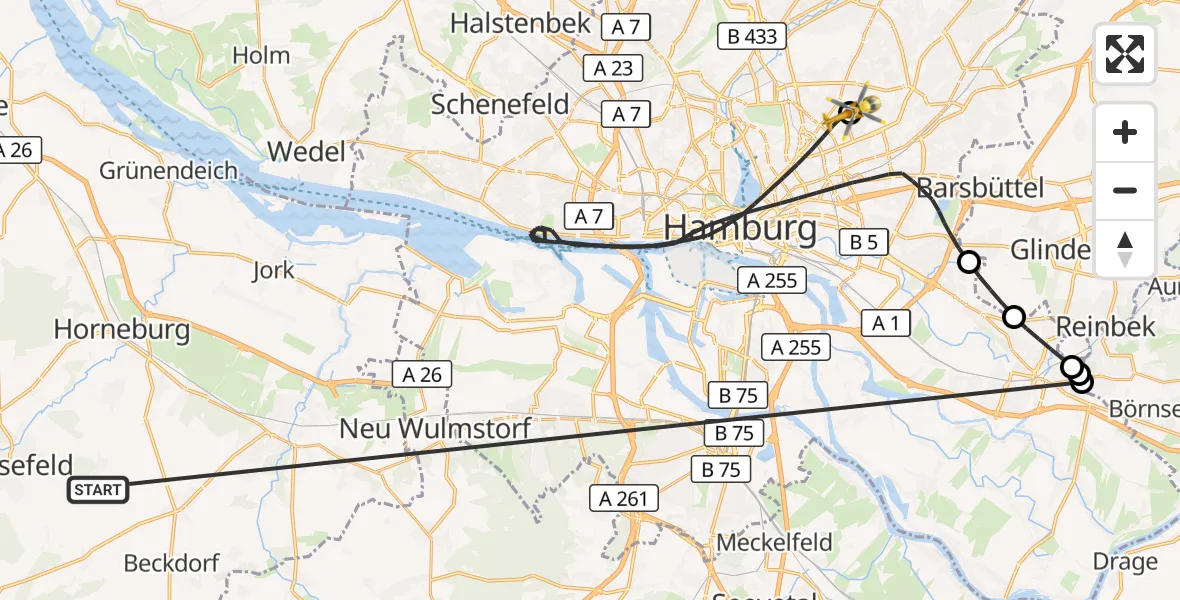 Flugroute Rettungshubschrauber Harsefeld - Hamburg Military Hospital, 25 Juni 2026, 19:26