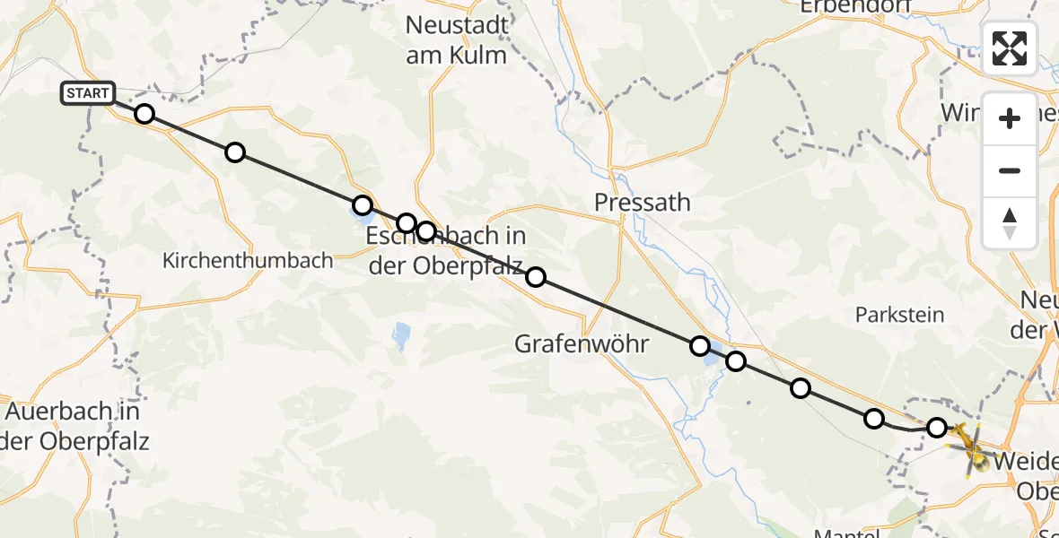 Flugroute Rettungshubschrauber Prebitz - Weiden i.d.OPf., 25 Juni 2026, 19:26