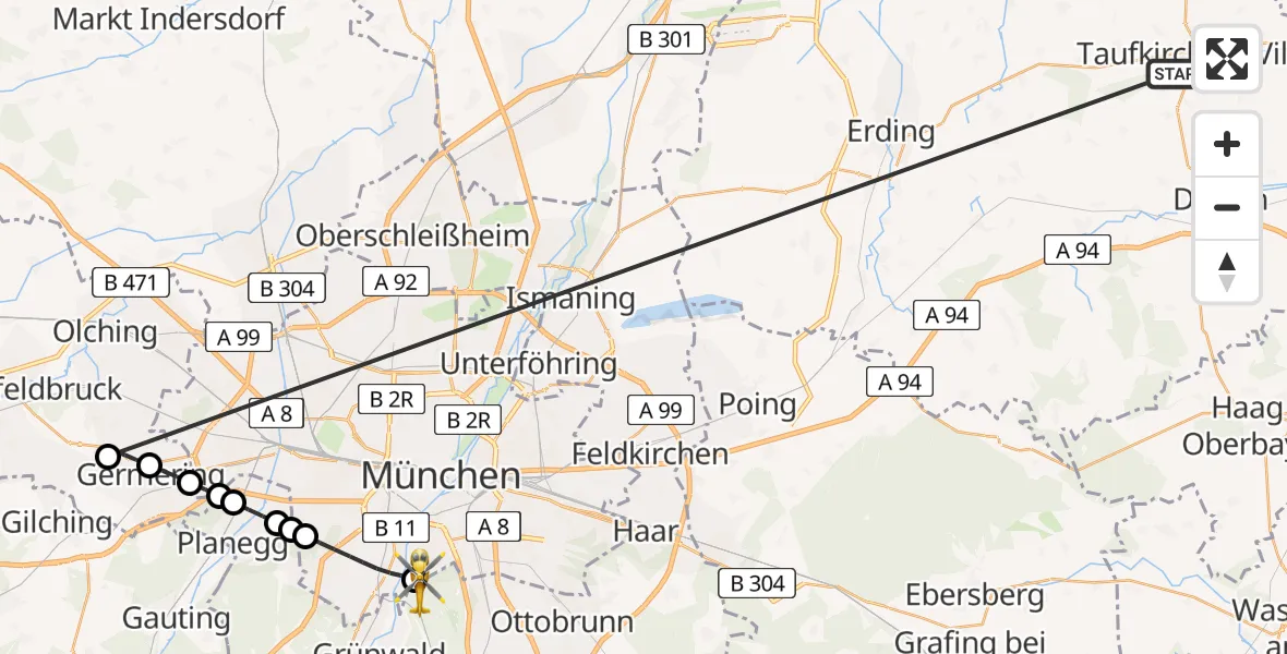 Flugroute Rettungshubschrauber Taufkirchen (Vils) - ADAC Air Rescue Center Hubschrauberlandeplatz (Christoph 1), 25 Juni 2026, 19:41
