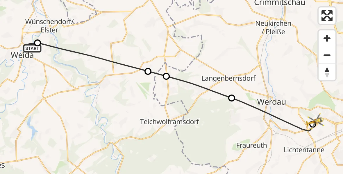 Flugroute Rettungshubschrauber Weida - ADAC Air Rescue Station Zwickau Hubschrauberlandeplatz, 25 Juni 2026, 19:42