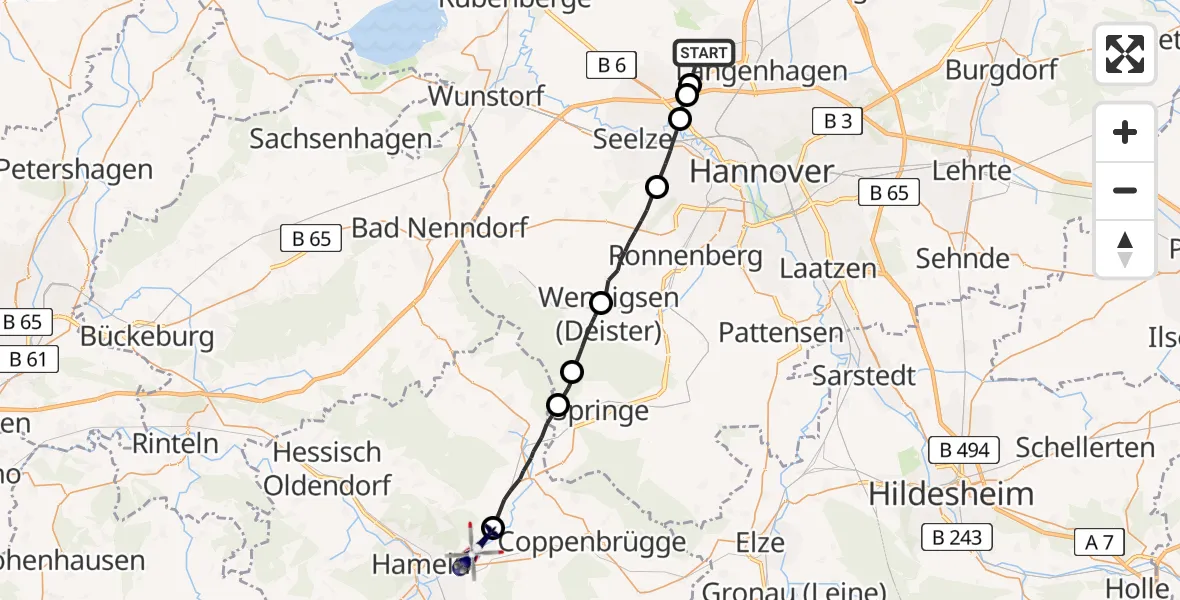 Flugroute Polizeihubschrauber Flughafen Hannover - Hameln, 25 Juni 2026, 19:46