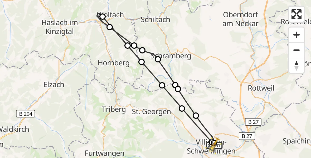 Flugroute Ambulanzhubschrauber DRF Air Rescue Station Villingen-Schwenningen Hubschrauberlandeplatz (Christoph 11) - DRF Air Rescue Station Villingen-Schwenningen Hubschrauberlandeplatz (Christoph 11), 25 Juni 2026, 19:54