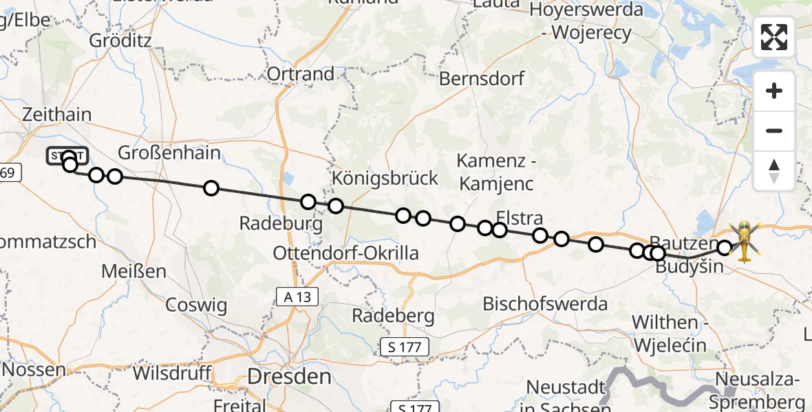Flugroute Rettungshubschrauber Riesa-Göhlis Flughafen - Bautzen Flugplatz, 25 Juni 2026, 20:13