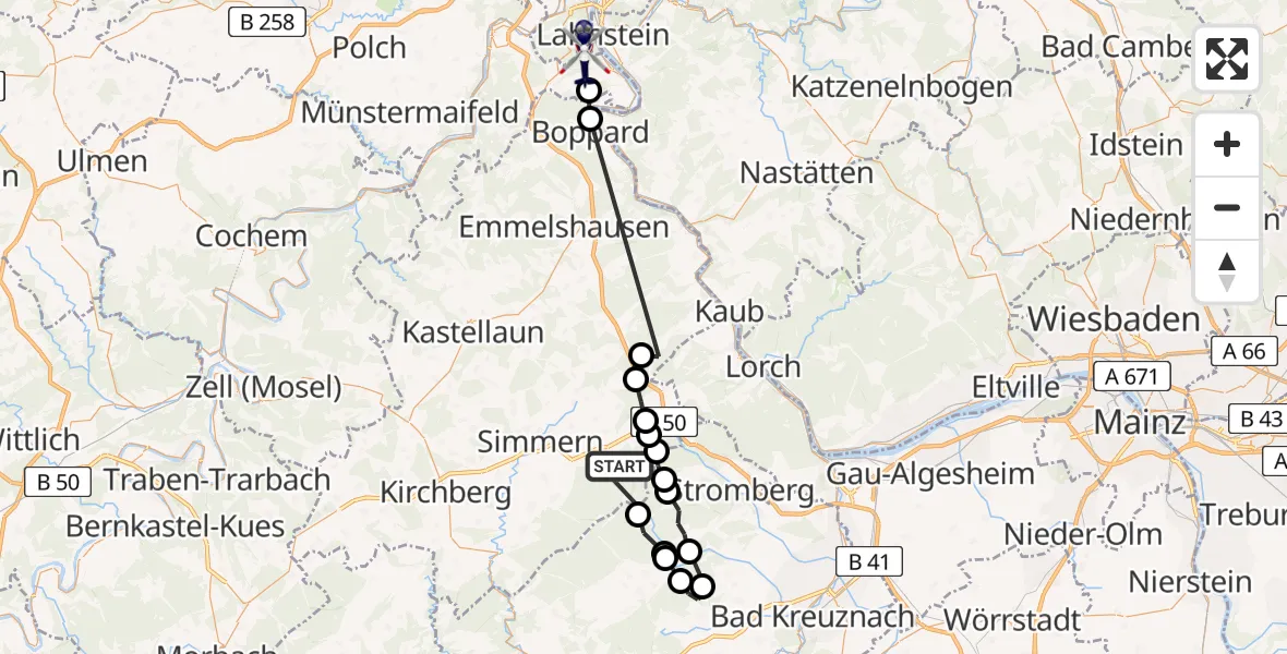 Flugroute Polizeihubschrauber Argenthal - Rhens, 25 Juni 2026, 20:53
