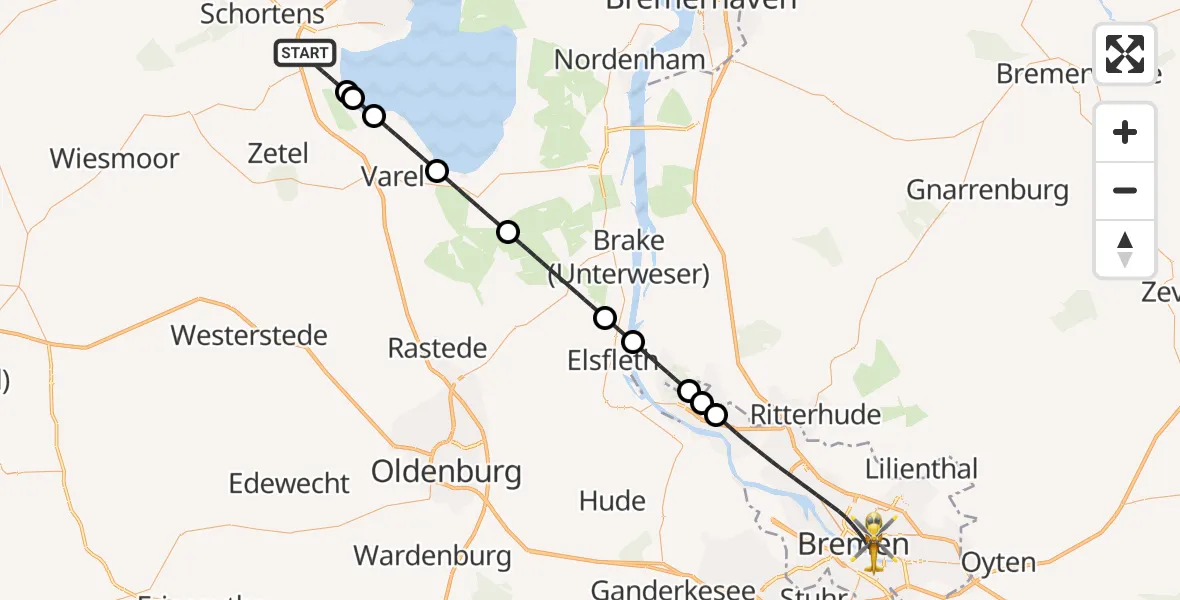 Flugroute Rettungshubschrauber Sande - Bremen, 25 Juni 2026, 21:03