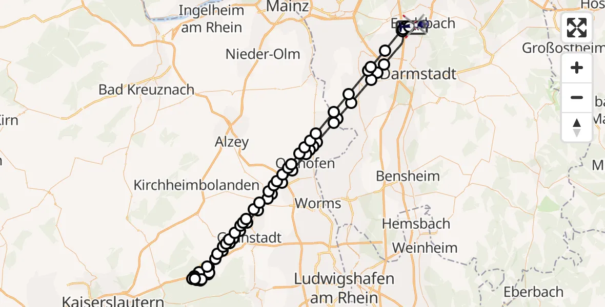 Flugroute Polizeihubschrauber Flughafen Frankfurt-Egelsbach - Flughafen Frankfurt-Egelsbach, 25 Juni 2026, 21:37