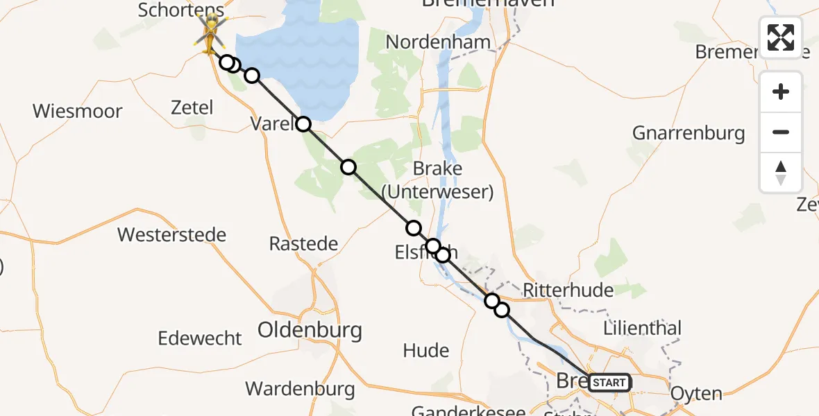 Flugroute Rettungshubschrauber Bremen - Sande, 25 Juni 2026, 21:56