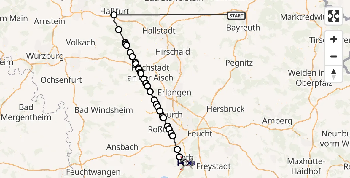 Flugroute Polizeihubschrauber Neudrossenfeld - Flugplatz Roth, 25 Juni 2026, 22:09