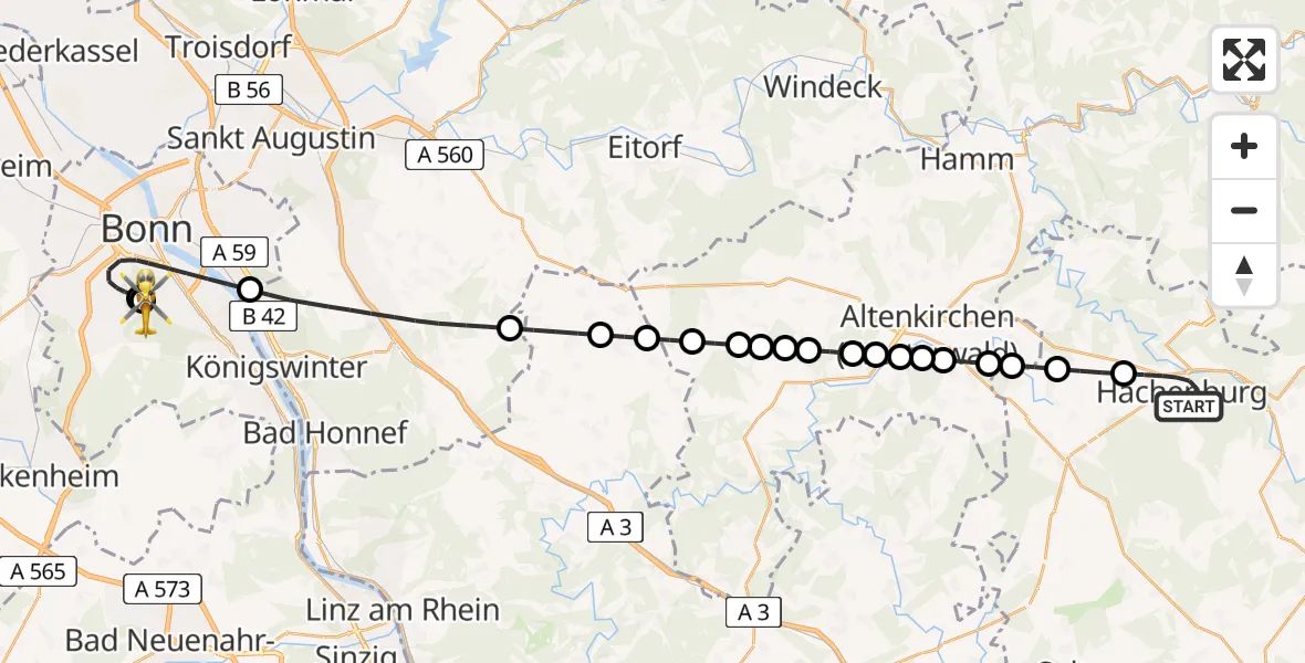 Flugroute Ambulanzhubschrauber Hachenburg - Bonn University Hospital, 25 Juni 2026, 22:30