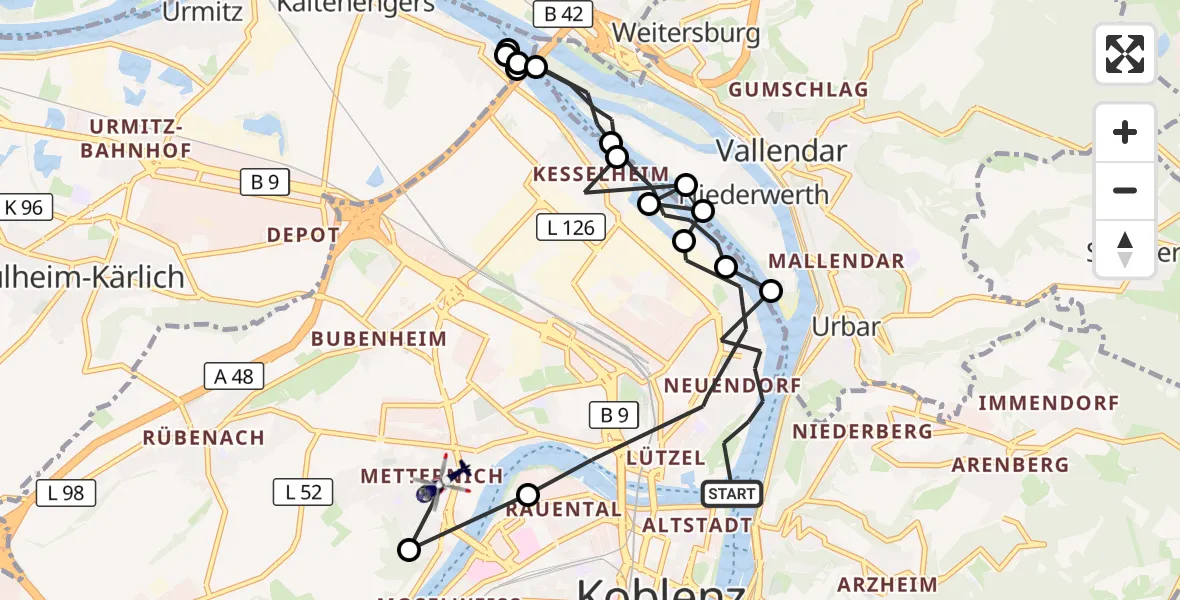 Flugroute Polizeihubschrauber Koblenz - Koblenz, 25 Juni 2026, 23:33