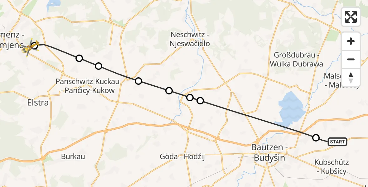 Flugroute Rettungshubschrauber Kubschütz - Kamenz Hubschrauberlandeplatz, 26 Juni 2026, 00:13