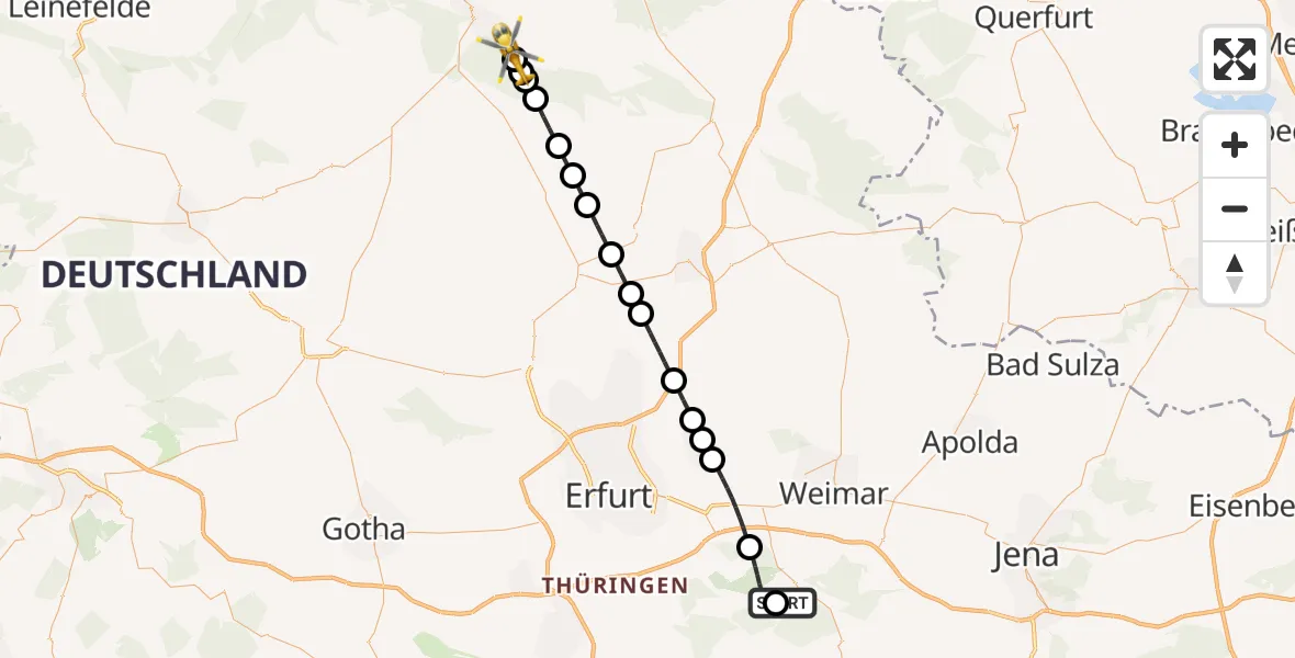 Flugroute Ambulanzhubschrauber Bad Berka Central Hospital - Sondershausen, 26 Juni 2026, 00:36