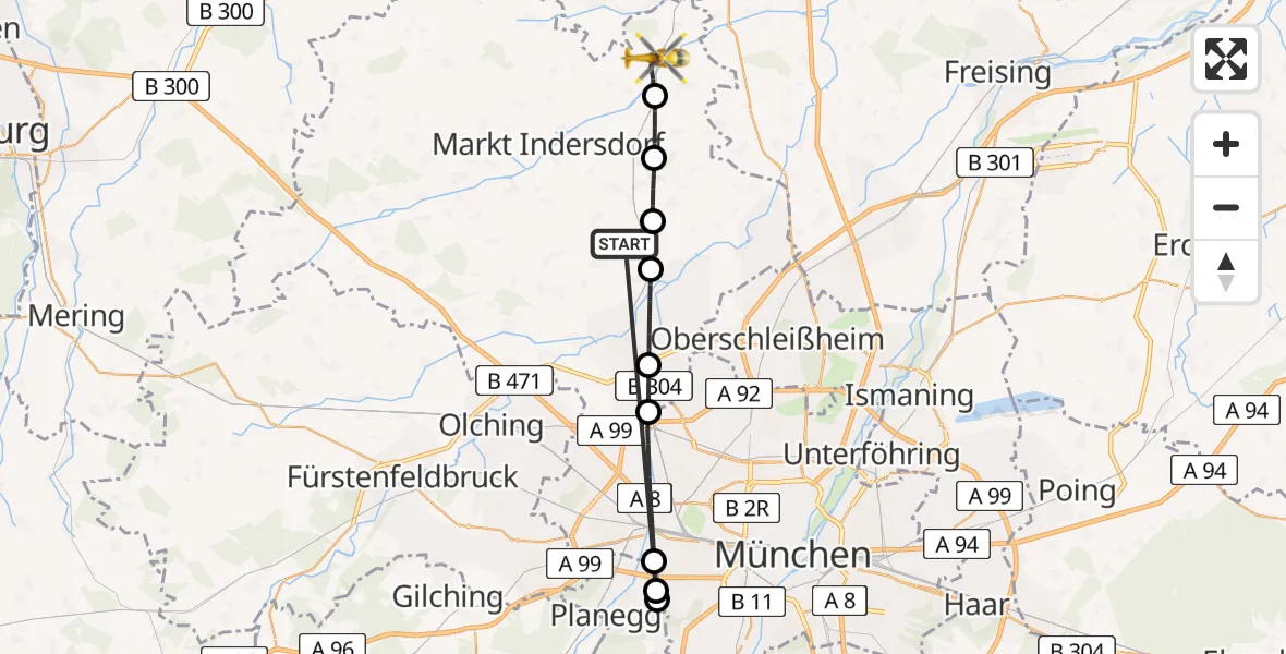 Flugroute Rettungshubschrauber Röhrmoos - Petershausen, 26 Juni 2026, 00:36