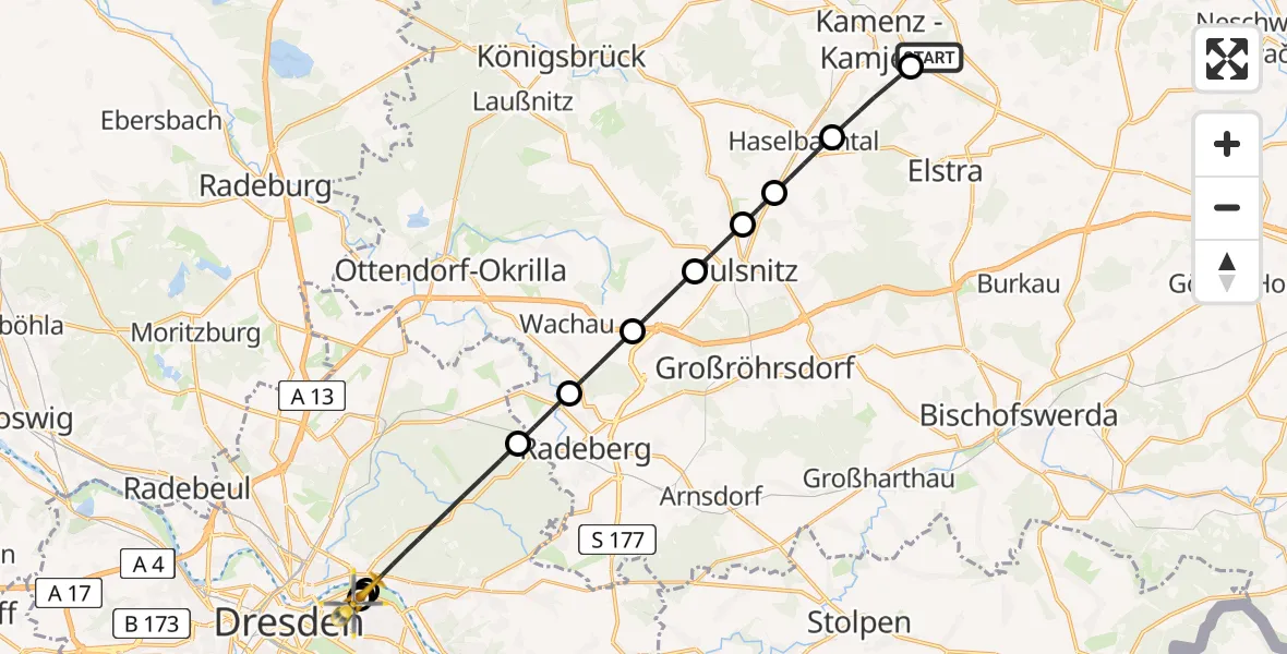 Flugroute Rettungshubschrauber Kamenz Hubschrauberlandeplatz - Dresden University Hospital, 26 Juni 2026, 00:51
