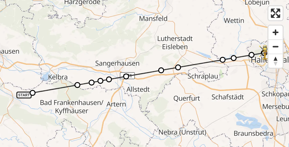 Flugroute Ambulanzhubschrauber Sondershausen - Halle (Saale) University Hospital, 26 Juni 2026, 01:21