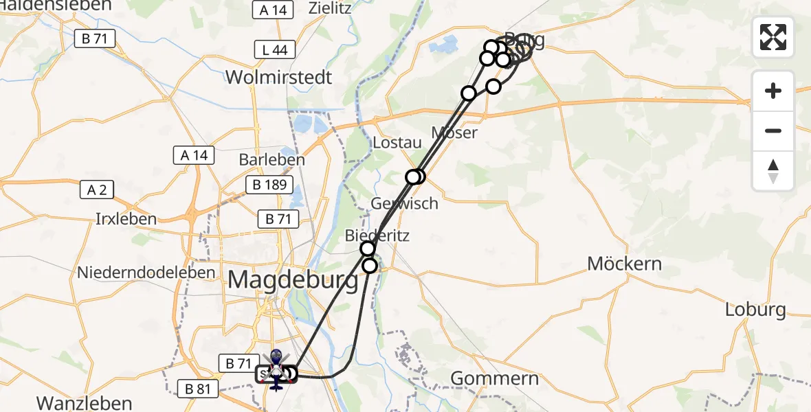 Flugroute Polizeihubschrauber Magdeburg City Flugplatz - Magdeburg City Flugplatz, 26 Juni 2026, 01:26