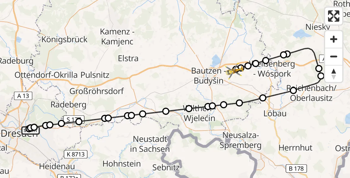 Flugroute Rettungshubschrauber Dresden University Hospital - Bautzen Flugplatz, 26 Juni 2026, 01:29
