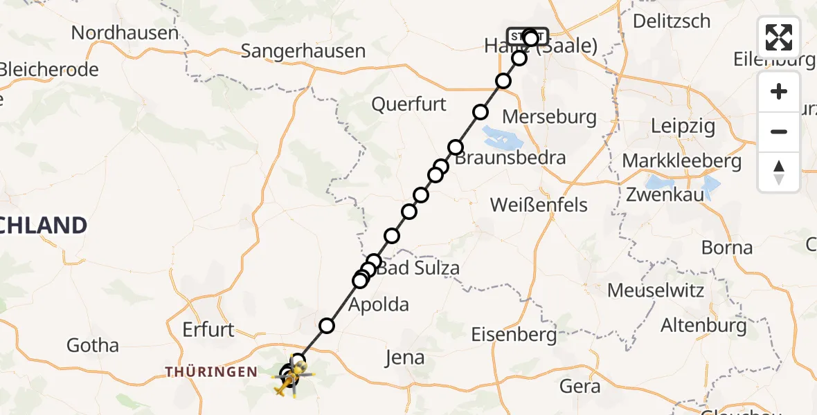 Flugroute Ambulanzhubschrauber Halle (Saale) University Hospital - Bad Berka Central Hospital, 26 Juni 2026, 02:11