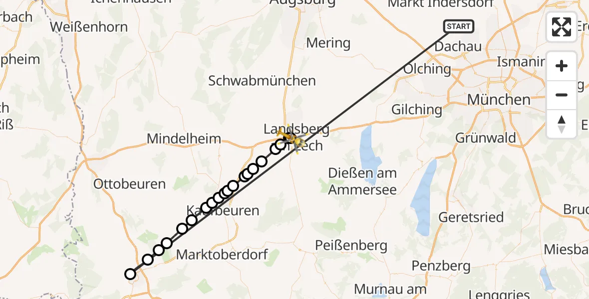 Flugroute Rettungshubschrauber Röhrmoos - Landsberg am Lech Hospital, 26 Juni 2026, 03:33