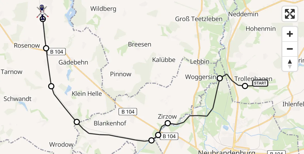 Flugroute Polizeihubschrauber Neubrandenburg Trollenhagen Flughafen - Knorrendorf, 26 Juni 2026, 04:01