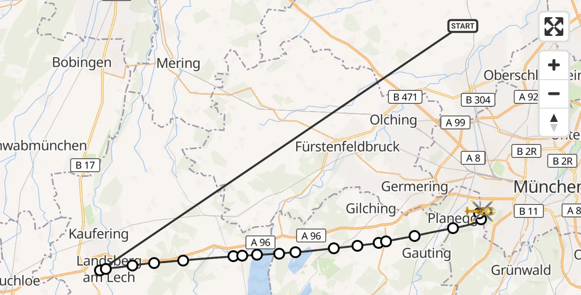 Flugroute Rettungshubschrauber Röhrmoos - DRF Air Rescue München Hubschrauberlandeplatz, 26 Juni 2026, 04:11