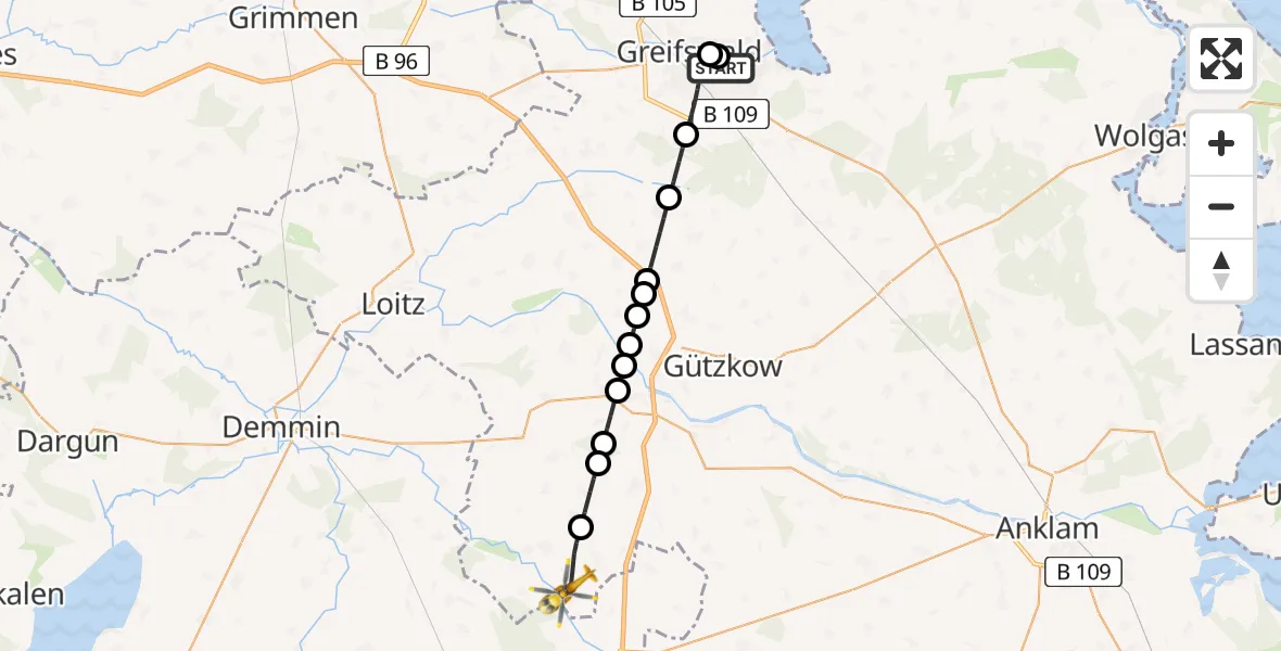 Flugroute Rettungshubschrauber Greifswald Hospital - Daberkow, 26 Juni 2026, 04:49