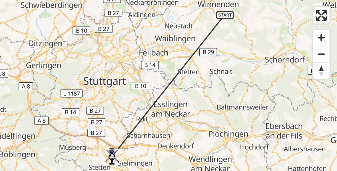 Flugroute Polizeihubschrauber Winnenden - Flughafen Stuttgart, 26 Juni 2026, 04:53