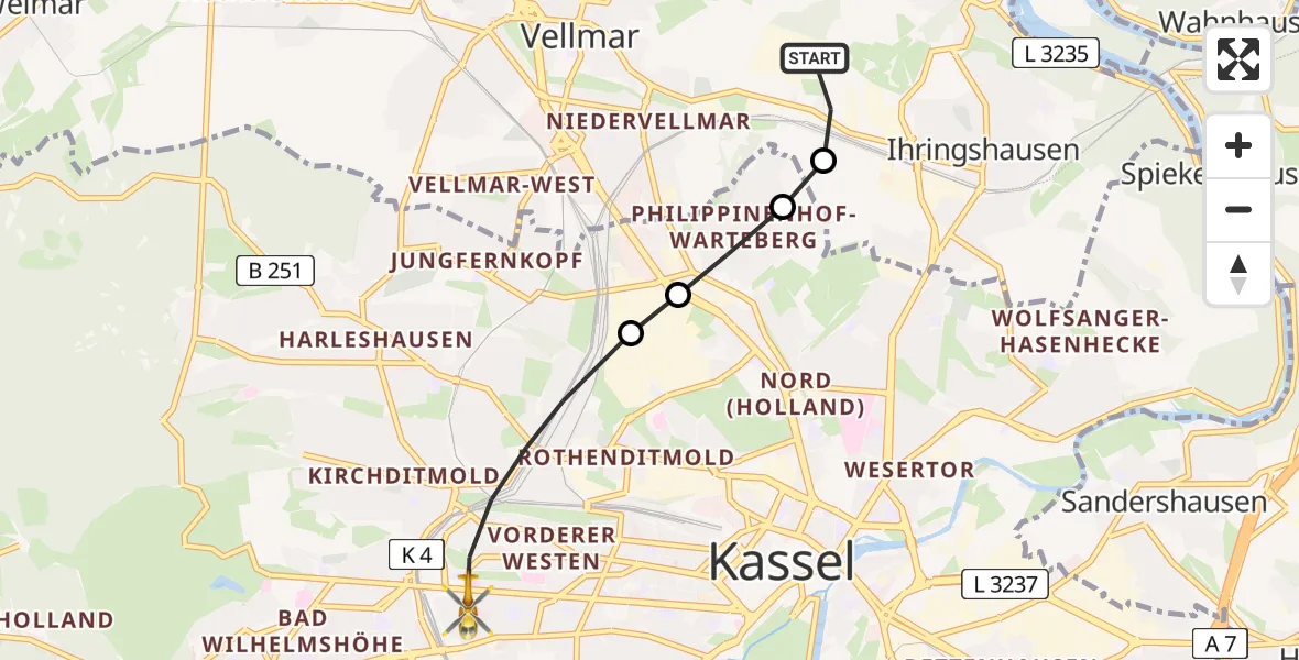 Flugroute Rettungshubschrauber Fuldatal Bundespolizei Hubschrauberlandeplatz - Kassel, 26 Juni 2026, 05:03