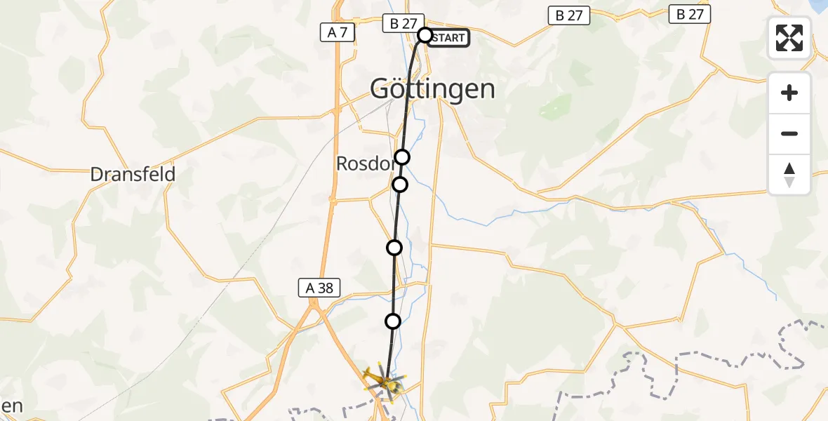 Flugroute Rettungshubschrauber Göttingen University Clinic Hubschrauberlandeplatz - Friedland, 26 Juni 2026, 05:07
