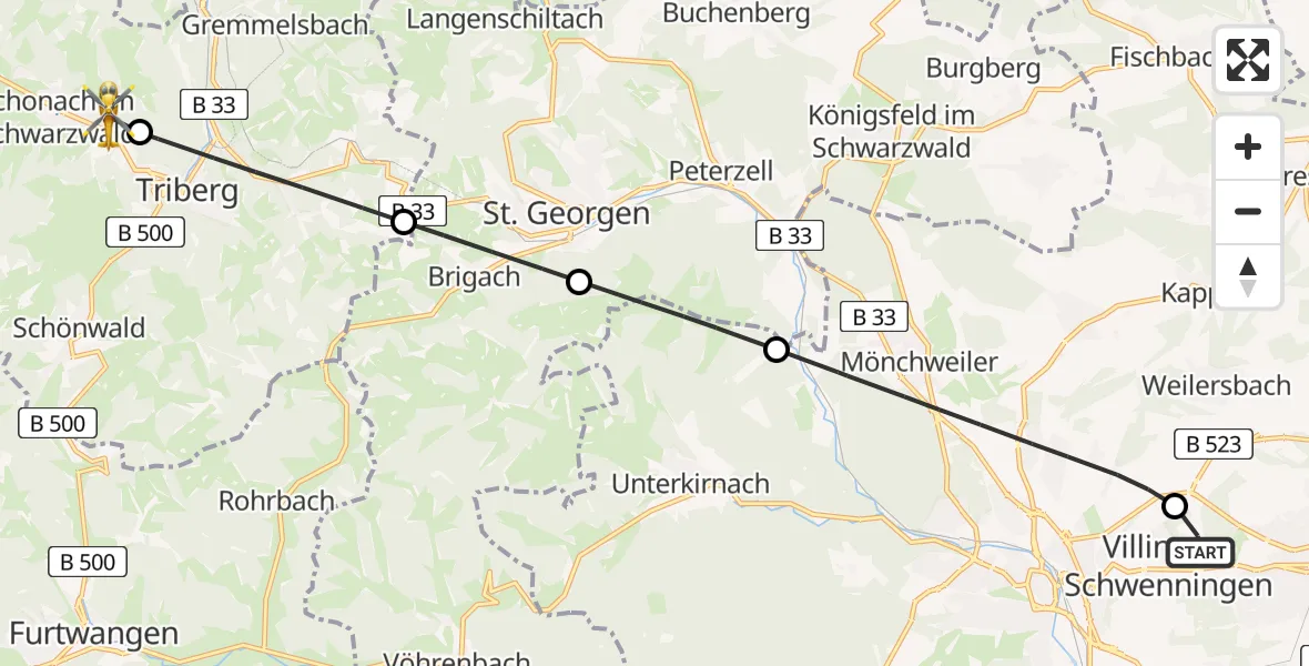 Flugroute Ambulanzhubschrauber DRF Air Rescue Station Villingen-Schwenningen Hubschrauberlandeplatz (Christoph 11) - Schonach im Schwarzwald, 26 Juni 2026, 05:08